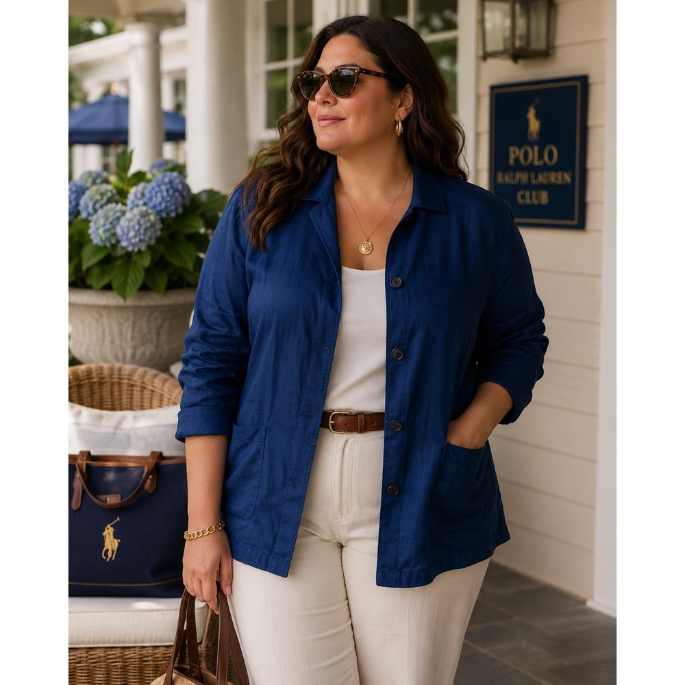 Lauren Ralph Lauren Linen Button Front Shirt Jacket Lightweight Navy Blue 1X